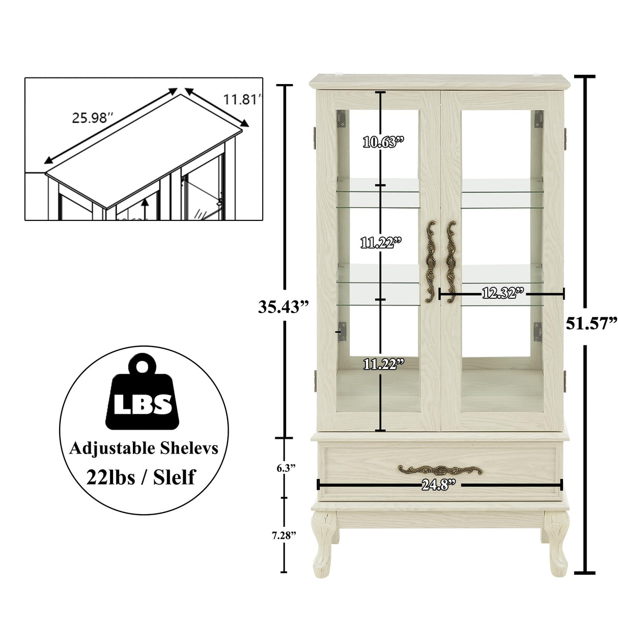 nifoti 51" H Lighted Curio Cabinet Display Case, Glass Curio Cabinet with Adjustable Shelves,Tempered Glass Door and Drawer, Wooden Cabinets w/Mirrored Back Pane for Living Room (Antique White) nifoti