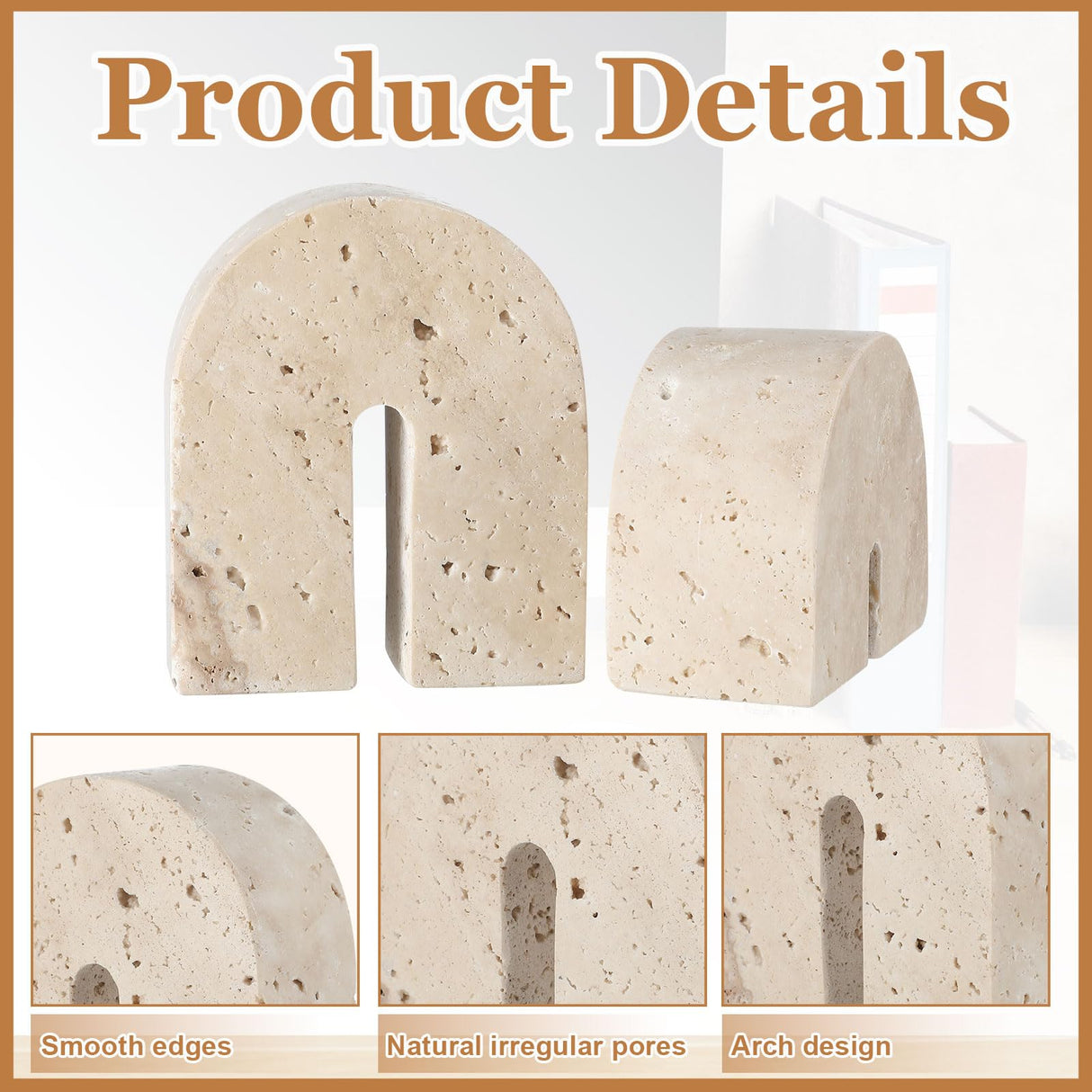 Newtay 2 Pcs Marble Bookends for Shelves 5 Inch and 3 Inch Natural Travertine Book Ends Decorative Stone Bookends Heavy Duty Marble Book Holder for Bookshelf Home Decor Newtay