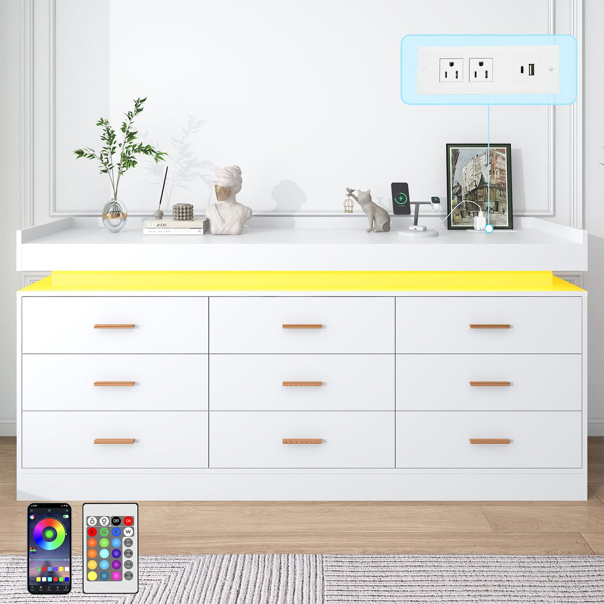 jiteentarou 9 Drawer Dresser with Charging Station and LED Lights, Modern Chest of Drawers with Power Outlet, Organizer Cabinet for Bedroom, Living Room, Entryway, White jiteentarou
