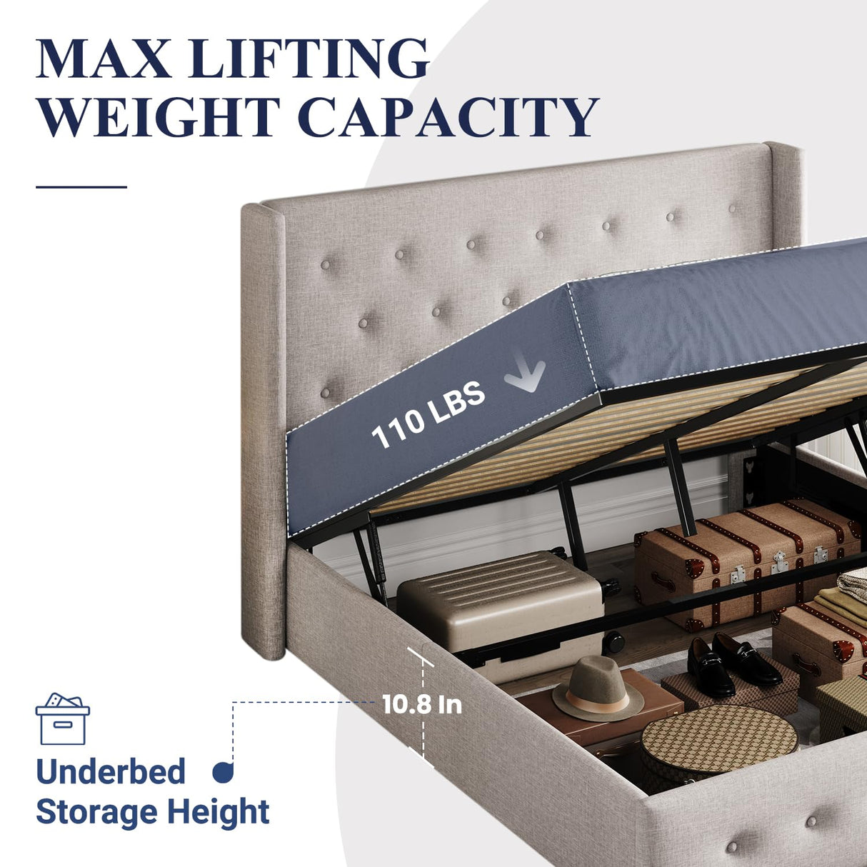 Allewie Queen Size Lift Up Storage Bed, Button Tufted Headboard with Wingback, Hydraulic Support, No Box Spring Needed, Light Beige Allewie