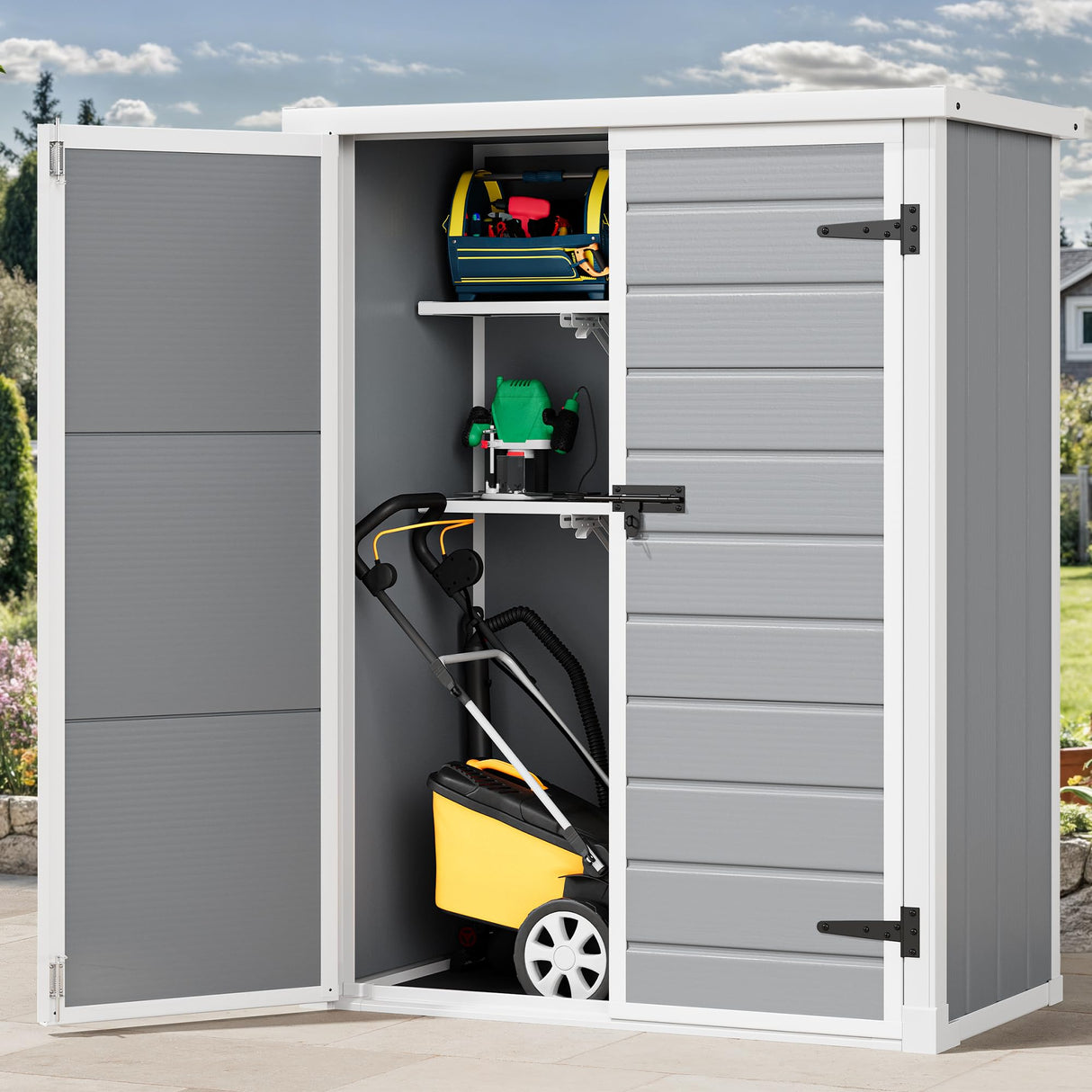 DWVO 49 Cuft Outdoor Tall Storage Shed with 2 Shelves, Weatherproof Vertical Tool Shed with Floor & Lockable Doors, Sturdy Double-Wall Plastic Cabinet for Garbage Cans and Garden Equipment (Gray) DWVO