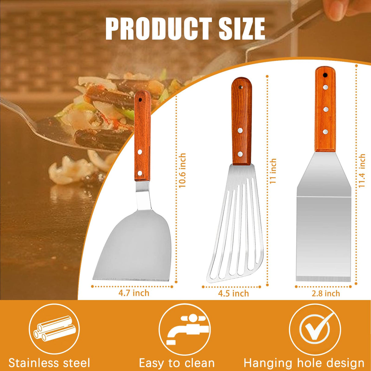 Beijiyi Metal Spatula for Cast Iron Skillet, Stainless Steel Fish Spatula Turner with Wooden Handle, Small Kitchen Spatula Flipper for Cooking Grill Griddle, 3 Pack Beijiyi