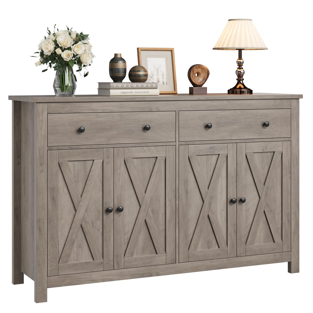 FOTOSOK Sideboard Buffet Cabinet with Storage, 55" Large Kitchen Storage Cabinet with 2 Drawers and 4 Doors, Wood Coffee Bar Cabinet Buffet Table for Kitchen Dining Room, Ash Grey FOTOSOK