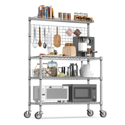 Leteuke Bakers Rack with Storage & Wheels, 42 Inch Microwave Stand Kitchen Shelves, 4-Tier Heavy Duty Storage Rack with 20 S-Hooks, Commercial Metal Utility Kitchen Cart, 42× 18× 63 Inch, Chrome