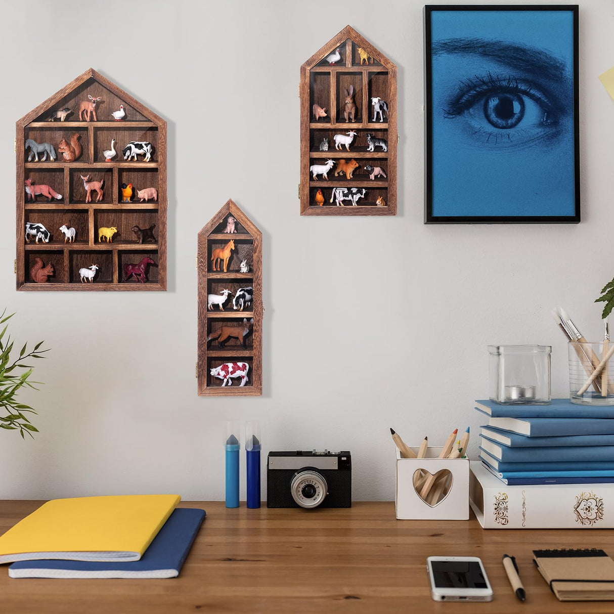 DoubleFill Set of 3 Shadow Cubby Boxes Wooden Display Shelf 10 x 15 Inch Large Wall Mounted Display Storage Shelves for Mini Figures Curio Trinket Medals Crafts Collections(Brown,House Shape) DoubleFill