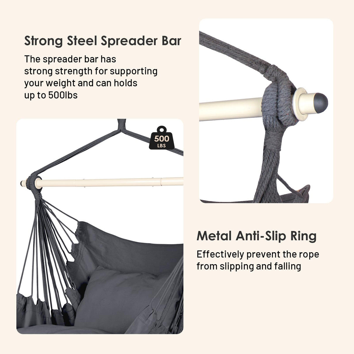 Highwild Hammock Chair Hanging Rope Swing - Max 500 Lbs - 2 Cushions Included - Steel Spreader Bar with Anti-Slip Rings - for Any Indoor or Outdoor Spaces (Grey) Highwild