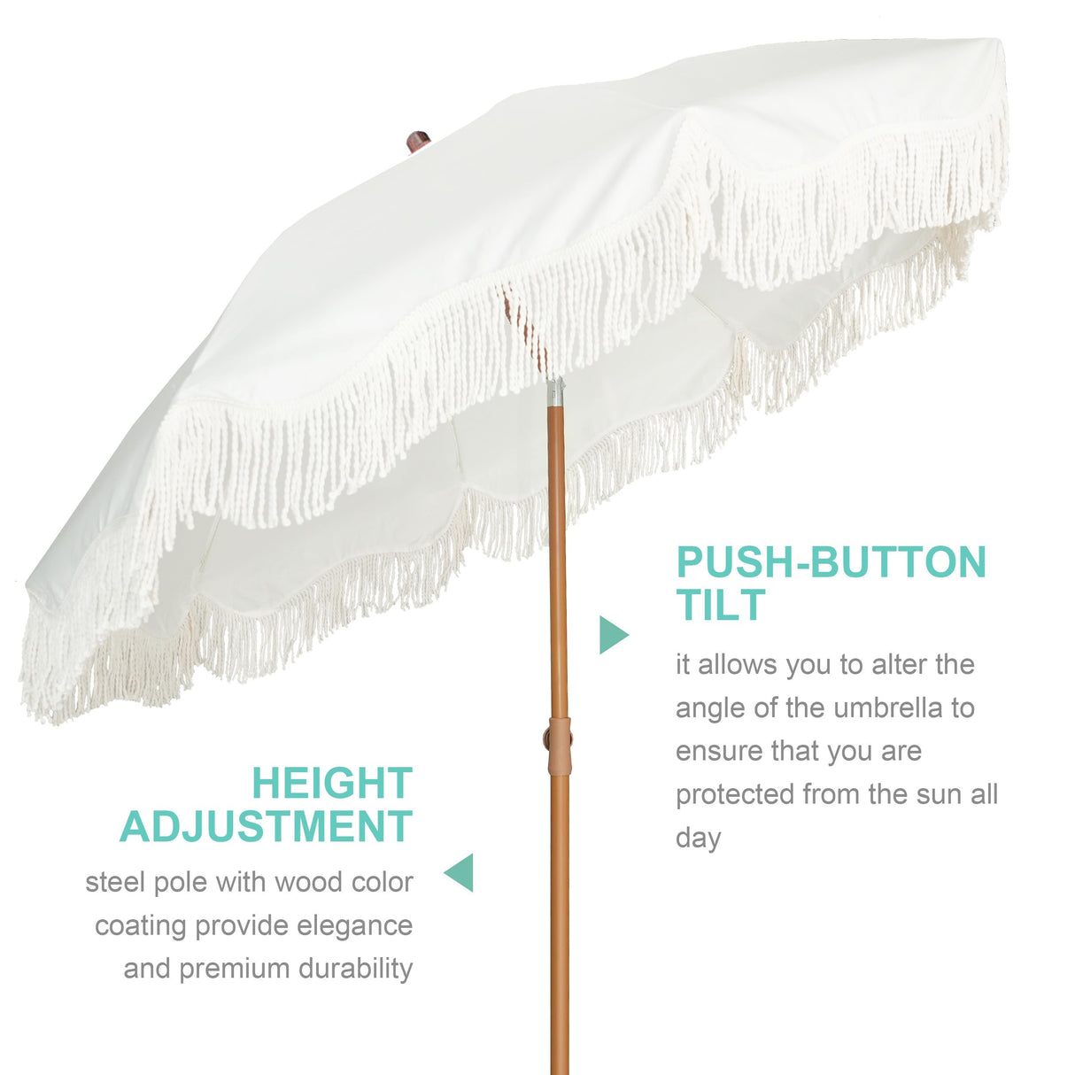 AMMSUN Boho Fringe Umbrella Outdoor Patio, 6.5ft UPF50+ Picnic Umbrella with Tassels with Steel Pole and Push Button Tilt, Antique White AMMSUN