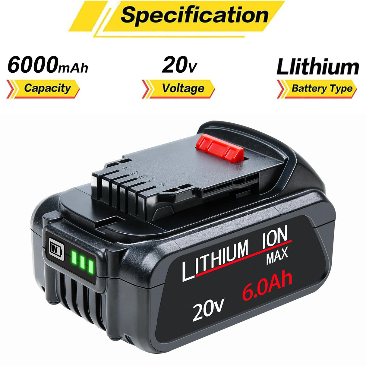 DTK 6.0Ah Battery Replacement for Dewalt 20V Battery DCB200 DCB203 DCB204 DCB206 Lithium Batteries 2 Packs DTK