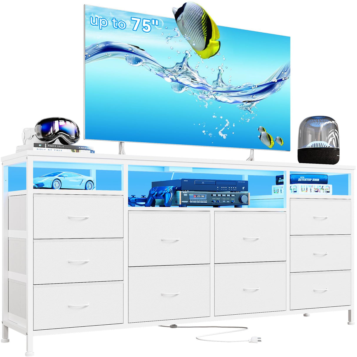 63.3 Inch Dresser for Bedroom, 10 Drawer Dresser Tv Stand for 65 70 75 Inch Tv, Fabric Chest of Drawers with Led Lights & Power Outlets, Long Entertainment Center for Closet, Living Room (White PU) GarveeHome