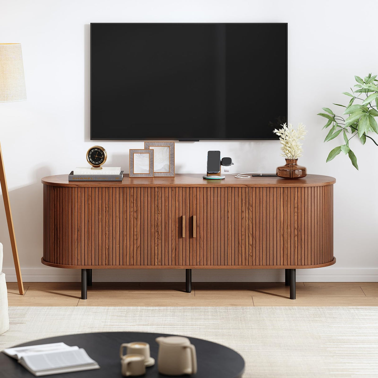 TV Stand with Power Outlet, Mid-Century Modern Television Stand, Media Console with Sliding Doors, Entertainment Center for TVs up to 60 Inch, Adjustable Shelves, Walnut ComfyCorner