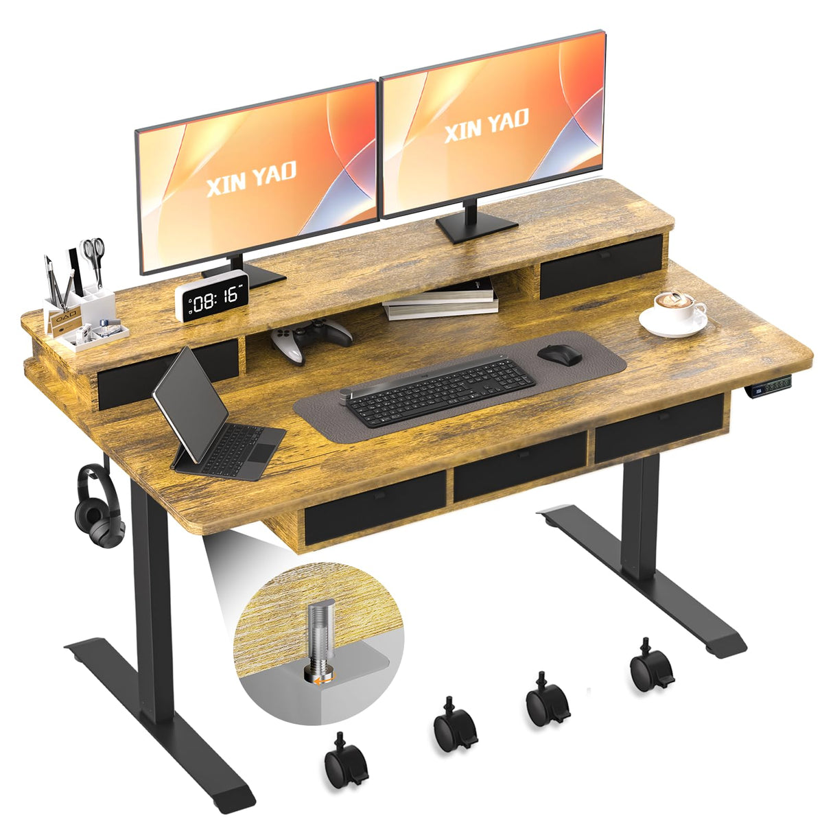 XINYAO Electric Standing Desk with 5 Drawers, Height Adjustable Desk 63 x 30 Inches Stand Up Desk, Ergonomic Desk with Wider Larger Desktop,Double Beam Standing Office Computer Desk (Rustic Brown) XINYAO