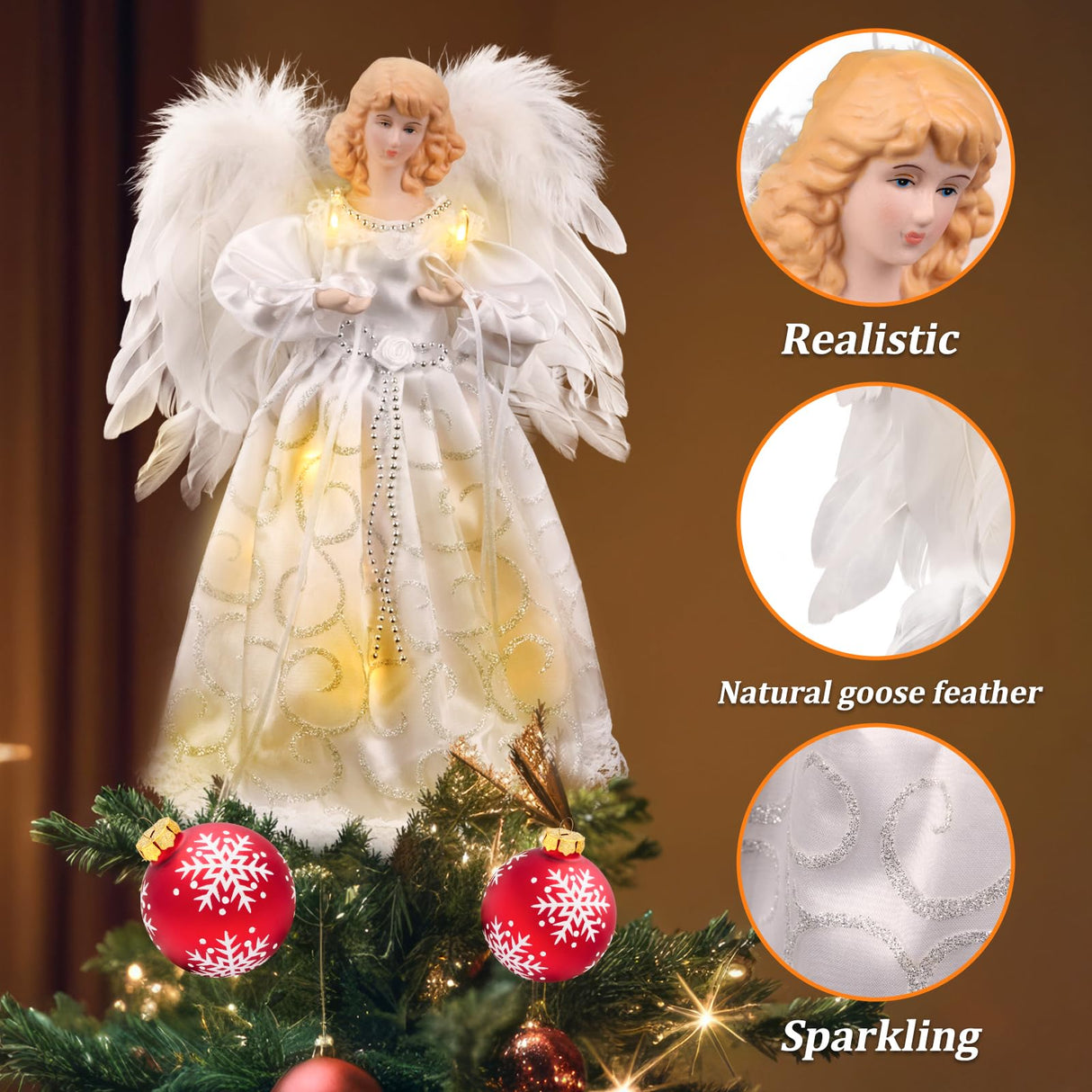 Christmas Tree Topper with Lights | 12.5 inch White Angel Tree Topper | Battery-Powered Tree Toppers Christmas Decorations Rcrirth