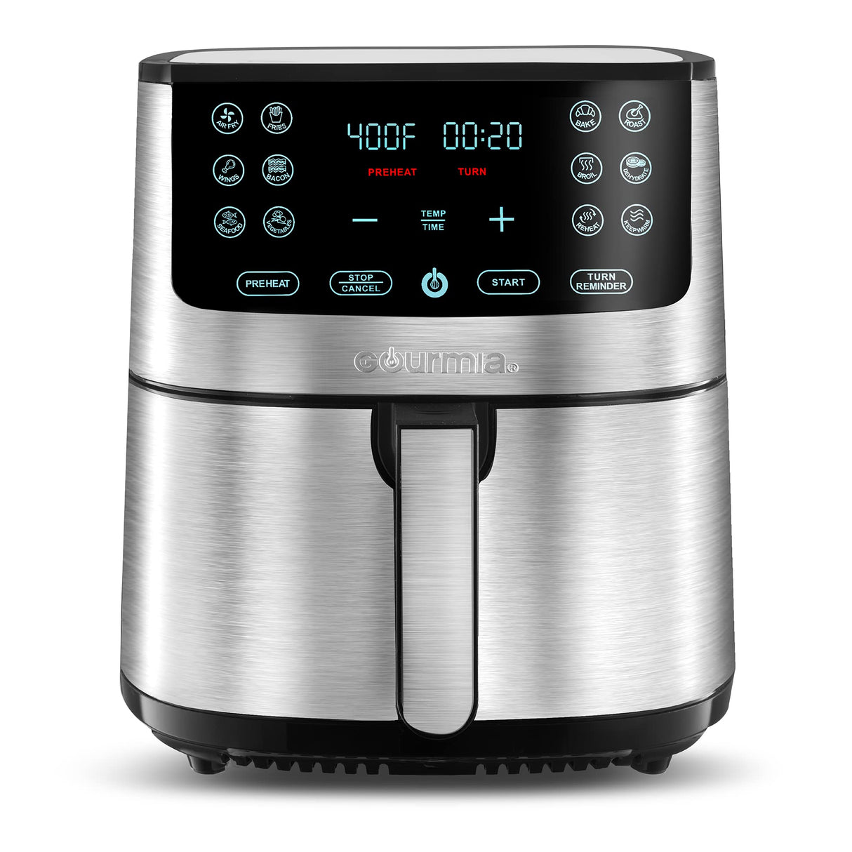 Gourmia Air Fryer Oven Digital Display 8 Quart Large AirFryer Cooker 12 Touch Cooking Presets, XL Air Fryer Basket 1700w Power Multifunction GAF838 Black and stainless steel air fryer Gourmia