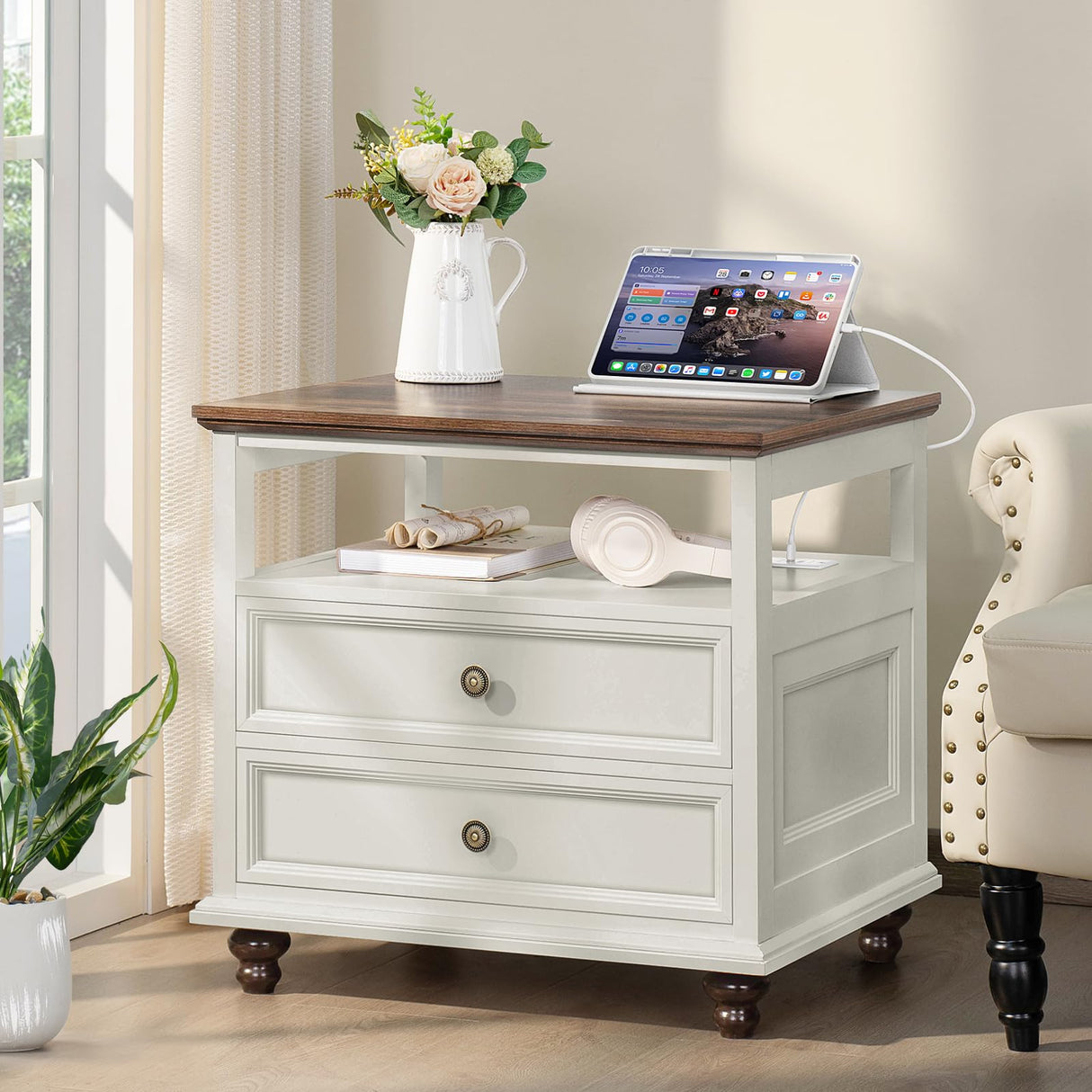 Joaxswe Farmhouse Nightstand Set of 2 with Charging Station, 24" Wide End Table with 2 Drawers,Dresser for Bedroom,Bed Side Table Chest of Drawers Cabinet,Wood White Night Stand for Living Room Joaxswe