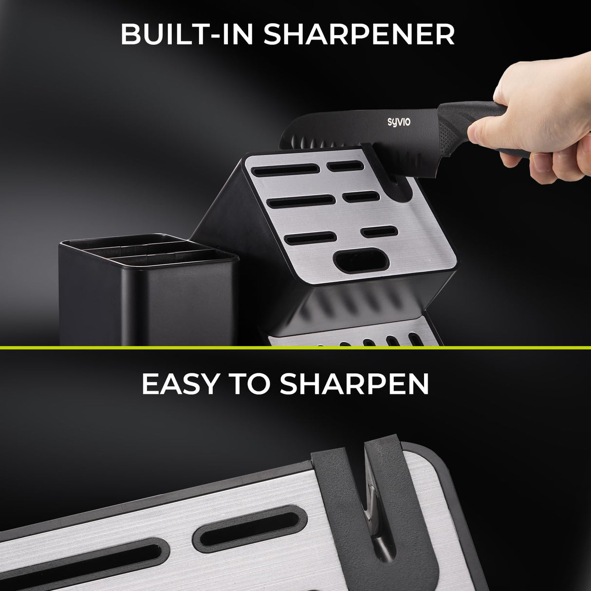 syvio Knife Set, 21pcs Utility Knife Sets for Kitchen with Block and Sharpener, Razor-Sharp, Effortless Sharpening, Premium Kitchen Knives with 6 pcs Kitchen Utensils Set and Utensil Holder, Black syvio