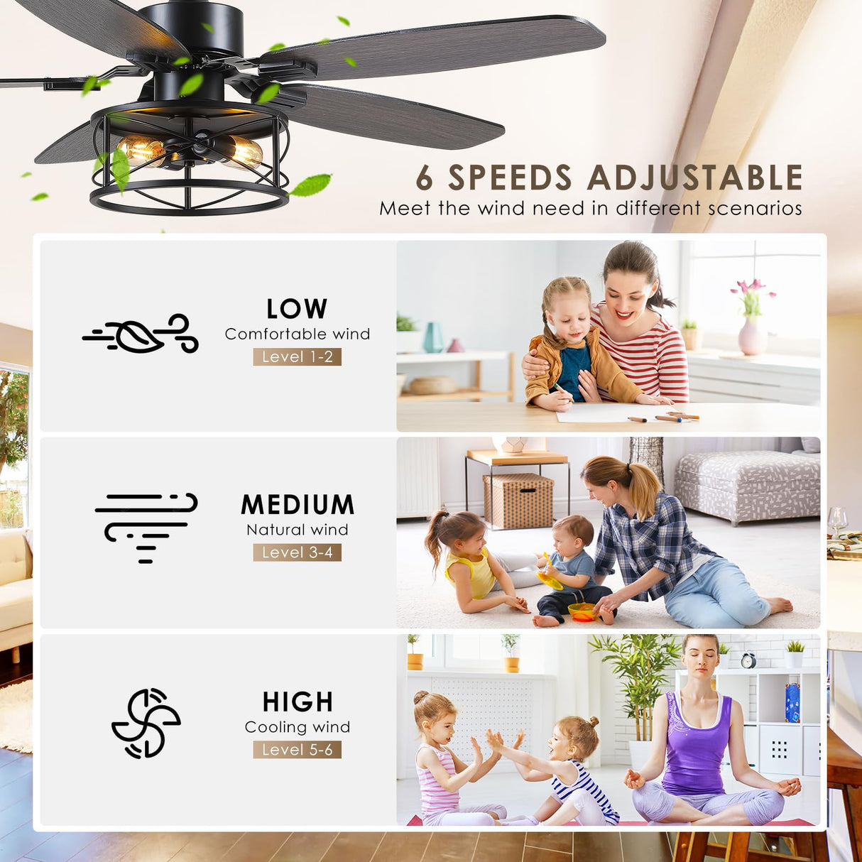 Dannilong Farmhouse Ceiling Fan with Light and Remote 52" Rustic Flush Mount Ceiling Fans 5 Dual Finish Blades Carnegie Industrial Fandelier for Living room Bedroom Patio E26 Dannilong