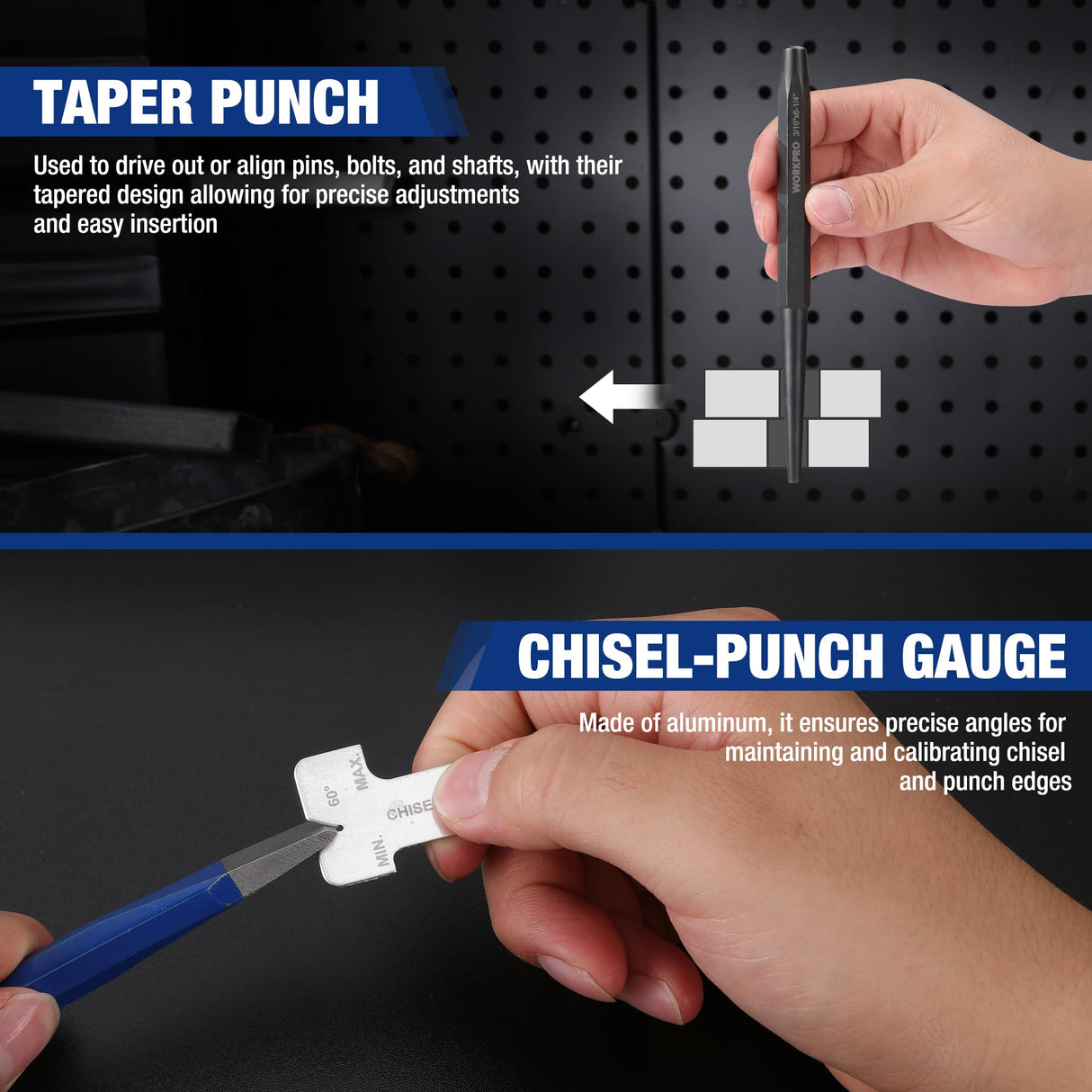 WORKPRO 30 PCS Heavy Duty Punch and Chisel Set with Roll Pouch, Cold & Cape Chisel, Center, Pin & Taper Punch, and Gauge, Blackened and Painted Finish for Durability WORKPRO