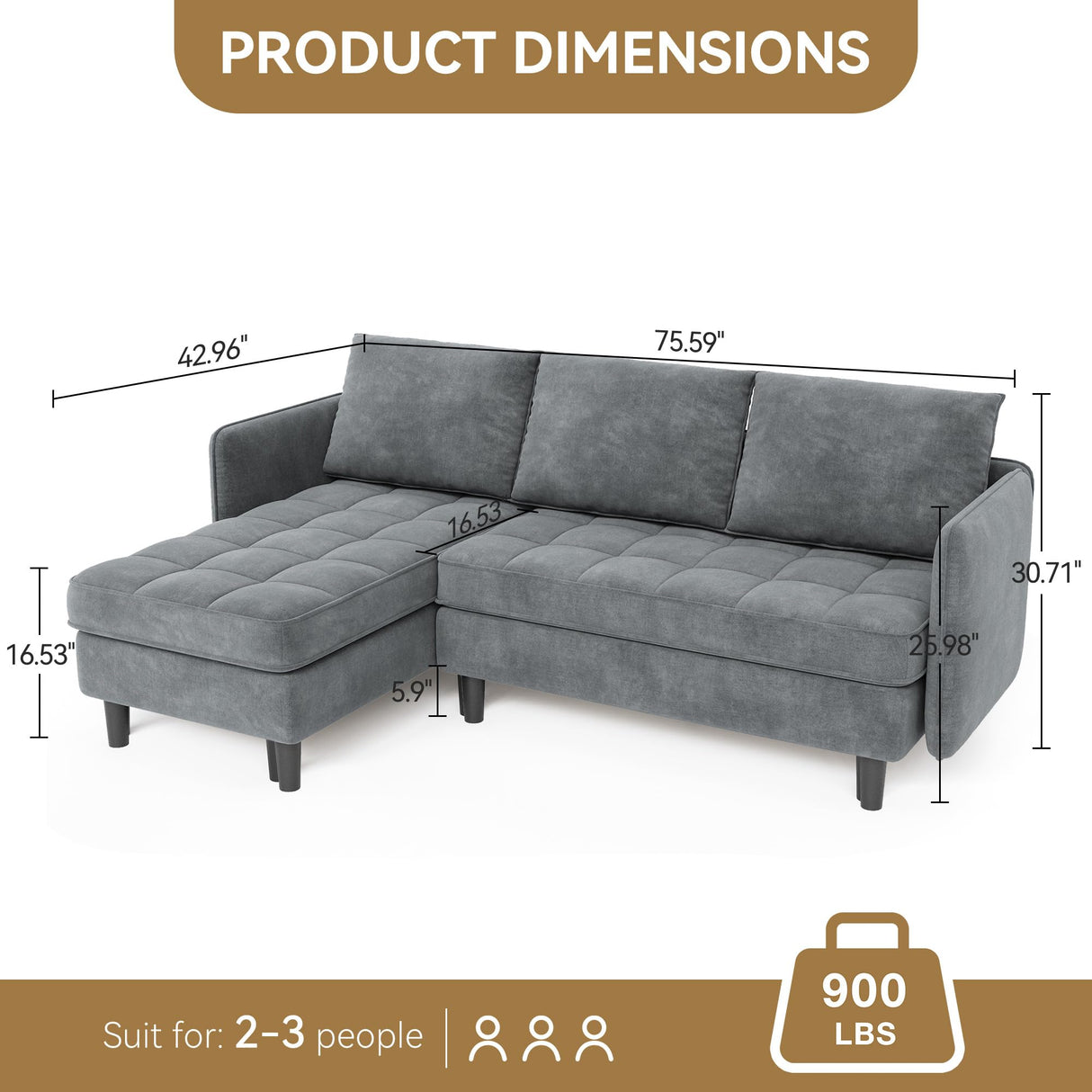 GarveeHome L Shape Sofa Couch, 76 Inch Chenille Sectional Sofa with Storage, Small Couch for Living Room Apartment, Dark Grey GarveeHome