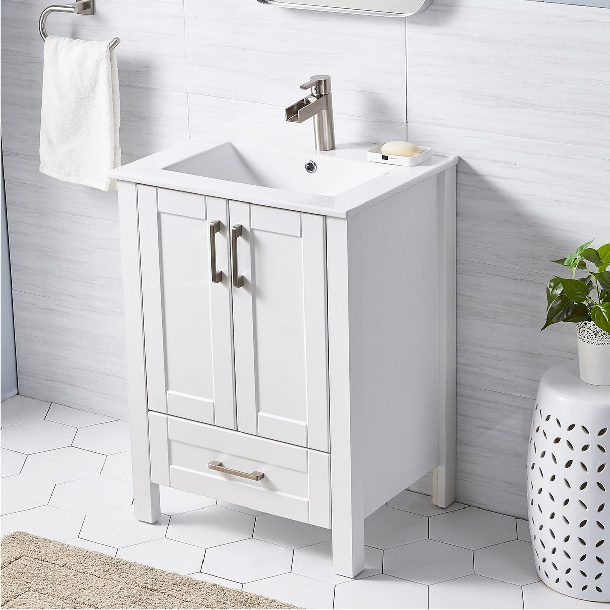 Wenore Home 24 Inch Bathroom Vanity with Sink, Small Bathroom Vanity Sink Set, White Bathroom Vanity Cabinet Combo, Modern Bath Vanity with Single Hole Ceramic Sink Wenore Home