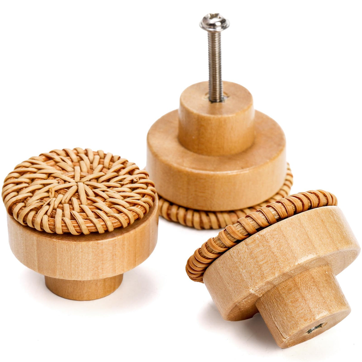 Nicunom 16 Pack Boho Rattan Dresser Knobs, Round Cabinet Knobs Wood Furniture Drawer Knobs with 32 Screws, Handmade Wicker Woven Pulls for Nursery Kitchen Wardrobe Cupboard Nicunom