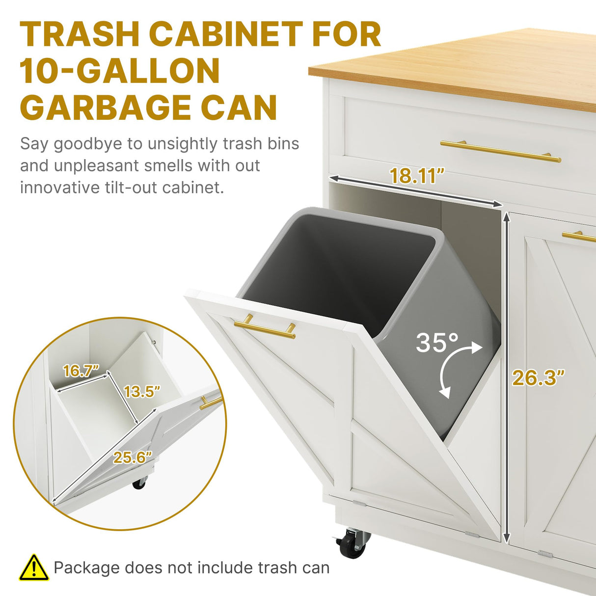 DWVO Kitchen Island with Power Outlet, 40 inch Rolling Island Table with Trash Can Cabinet fits Double 10-Gallon Bin, Square Mobile Storage Islands with Tilt Out Garbage Bin Cabinet, White Oak DWVO