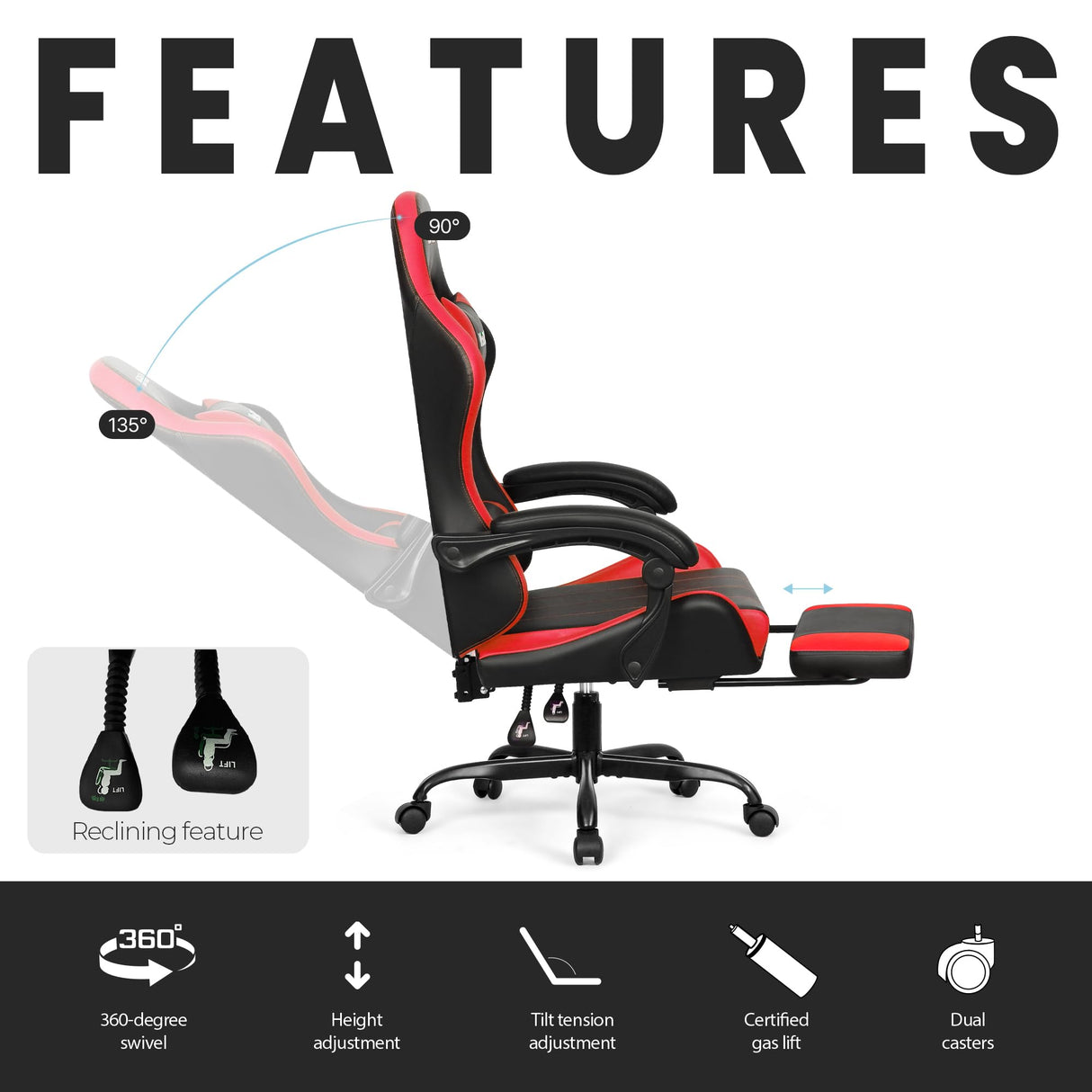 N-GEN GAMING Video Gaming Chair with Footrest High Back Ergonomic Comfortable Office Computer Desk with Lumbar Support Height Adjustable with PU Leather Recliner for Adults Women Men (Red) N-GEN GAMING