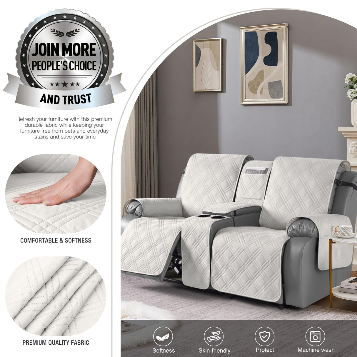 TAOCOCO Loveseat Recliner Cover with Console, Non-Slip Split Reclining Pet Cover for Dual Loveseat Recliner, Furniture Protector with Elastic Straps (2 Seater, Off White) TAOCOCO