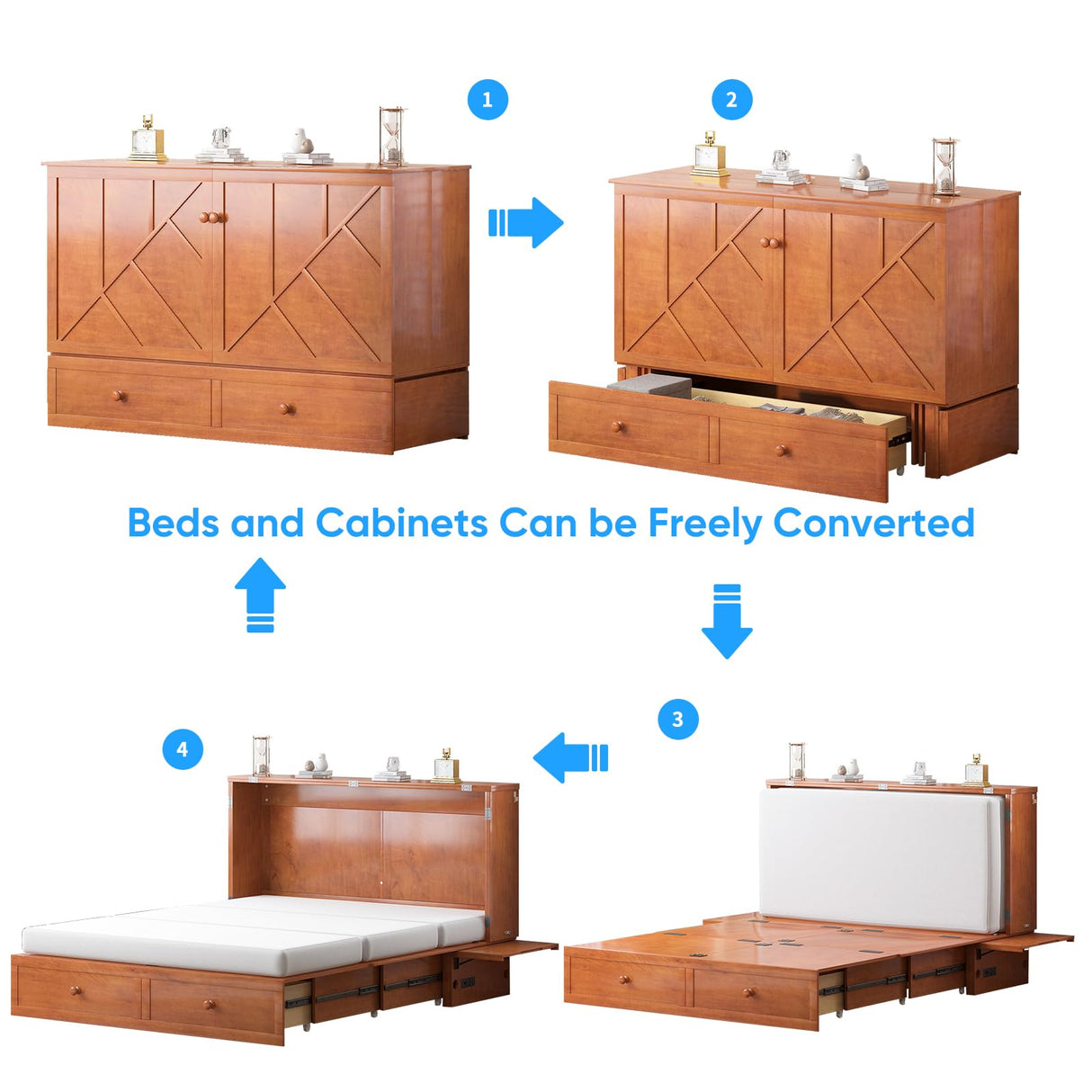 PUREMIND Murphy Bed Queen with Mattress Included - Solid Wood Hideaway Cabinet Bed with 2 Storage Drawers, USB Charging Ports & Headboard - Space-Saving Chest Beds for Home, Guest Room, Cherry PUREMIND