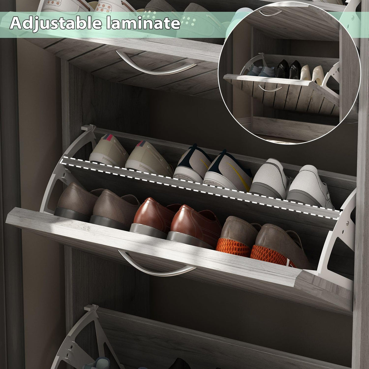 FAMAPY Modern Shoe Cabinet with 3 Flip Drawers, Freestanding Shoe Storage Cabinet, Slanted Design, Shoe Storage Organizer for Hallway Entryway Grey (22.4”W x 9.4”D x 42.3”H) FAMAPY