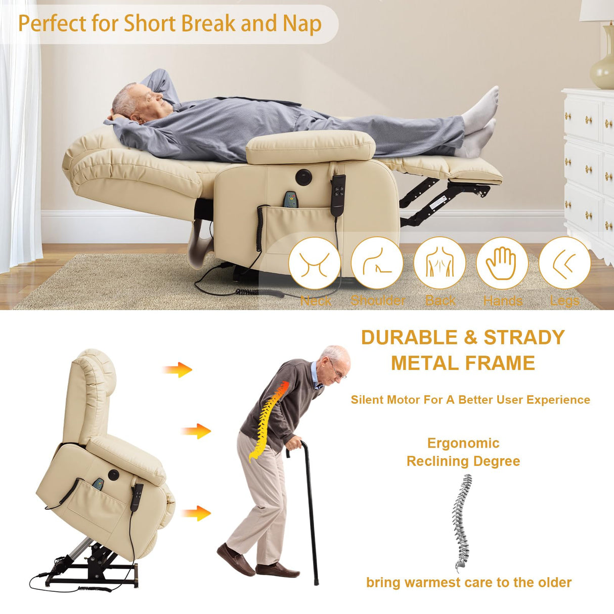 MEROUS Dual Motor Large Power Lift Recliner Chair for Elderly with Heat and Massage,Lay Flat Lift Chairs Recliners for Seniors Infinite Position,USB Ports&Remote, Genuine Leather (Beige) MEROUS