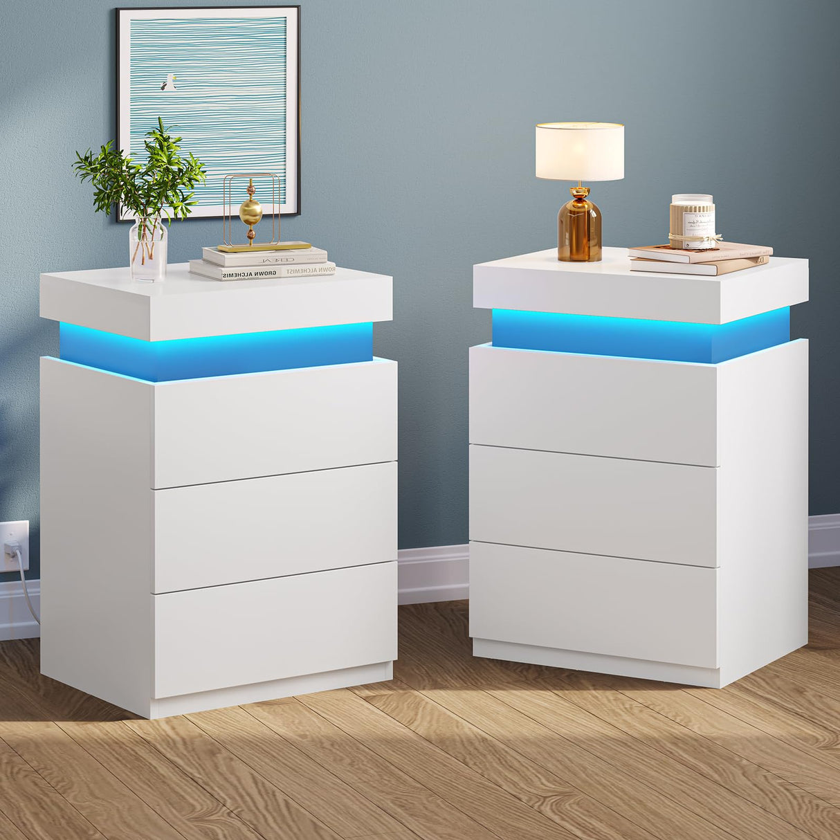 BTHFST Modern LED Nightstands Set of 2 with Charging Station and Sliding Top in White BTHFST