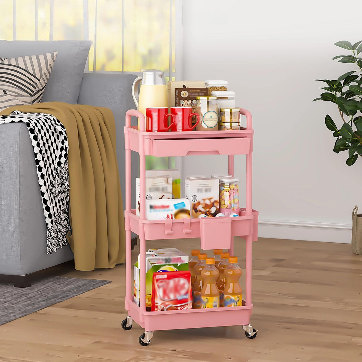 LLMRR 3 Tier Rolling Utility Cart with Drawer, Plastic Storage Organizer Rolling Carts with Wheels Handles Hanging Cups Hooks for Office, Bathroom, Kitchen,Craft Art Room (Pink) LLMRR