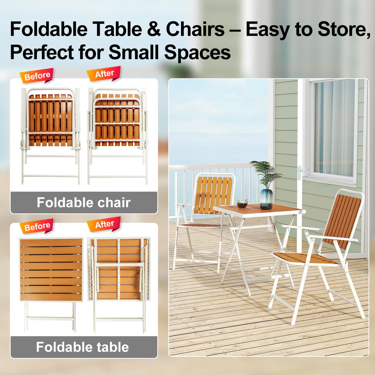 Aug-guan 3 Piece Outdoor Bistro Set with Yellow Wood-Look Tabletop, Patio Table and Chairs Set of 2, Folding Small Balcony Furniture for Garden, Deck, Porch, Outdoor Bistro Patio Set Aug-guan