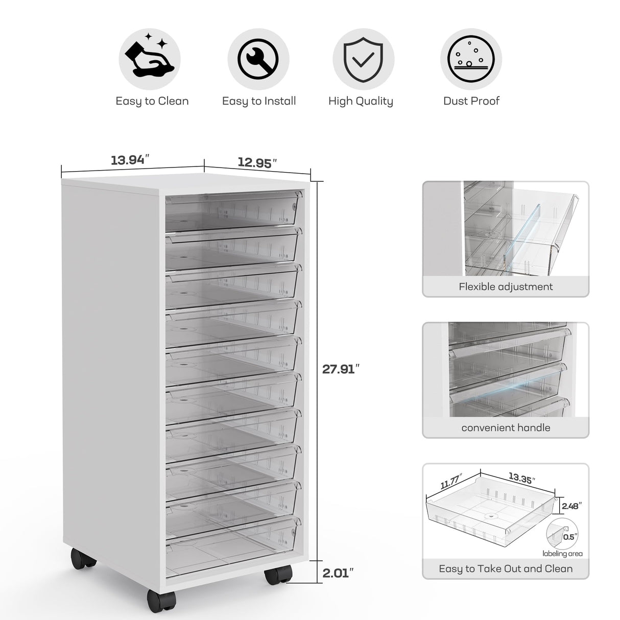 WOPITUES Plastic Storage Drawer Cart, Makeup Organizer and Storage with 10 Large Clear Drawers, Utility Wooden Rolling Cart on Wheels, for Cosmetic, Art Craft, Parts, Office Supplies, Toy, White WOPITUES