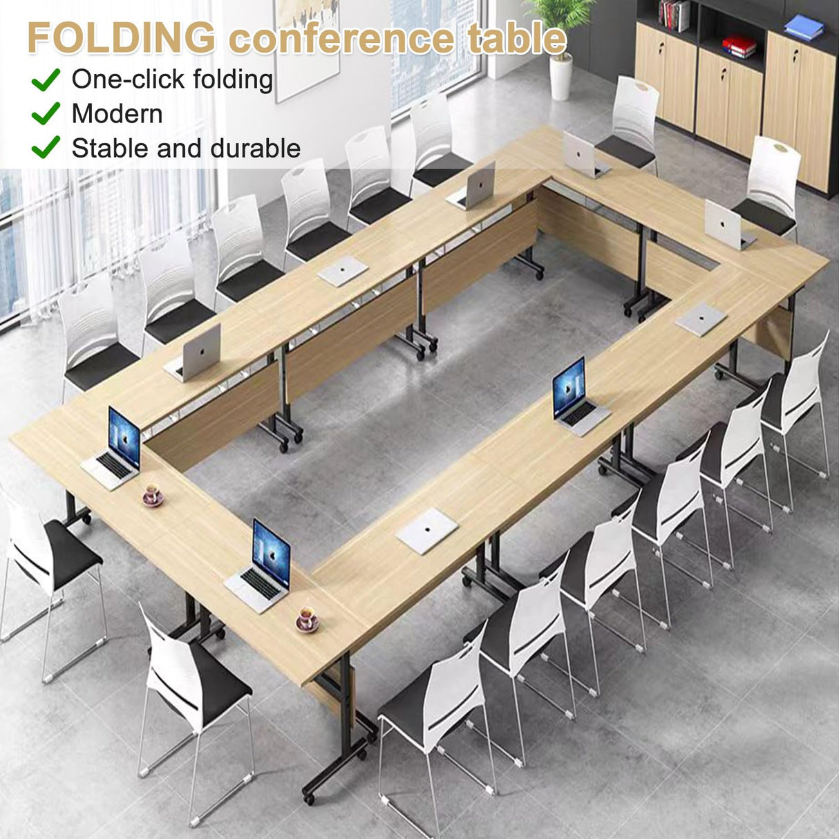 Conference Room Table,55.1" W x 23.6" D x 29.5" H Folding Modern Meeting and Office Table,Wood Conference Table with Wheels, for Training Seminar Classroom Table (4) Goakwwuz