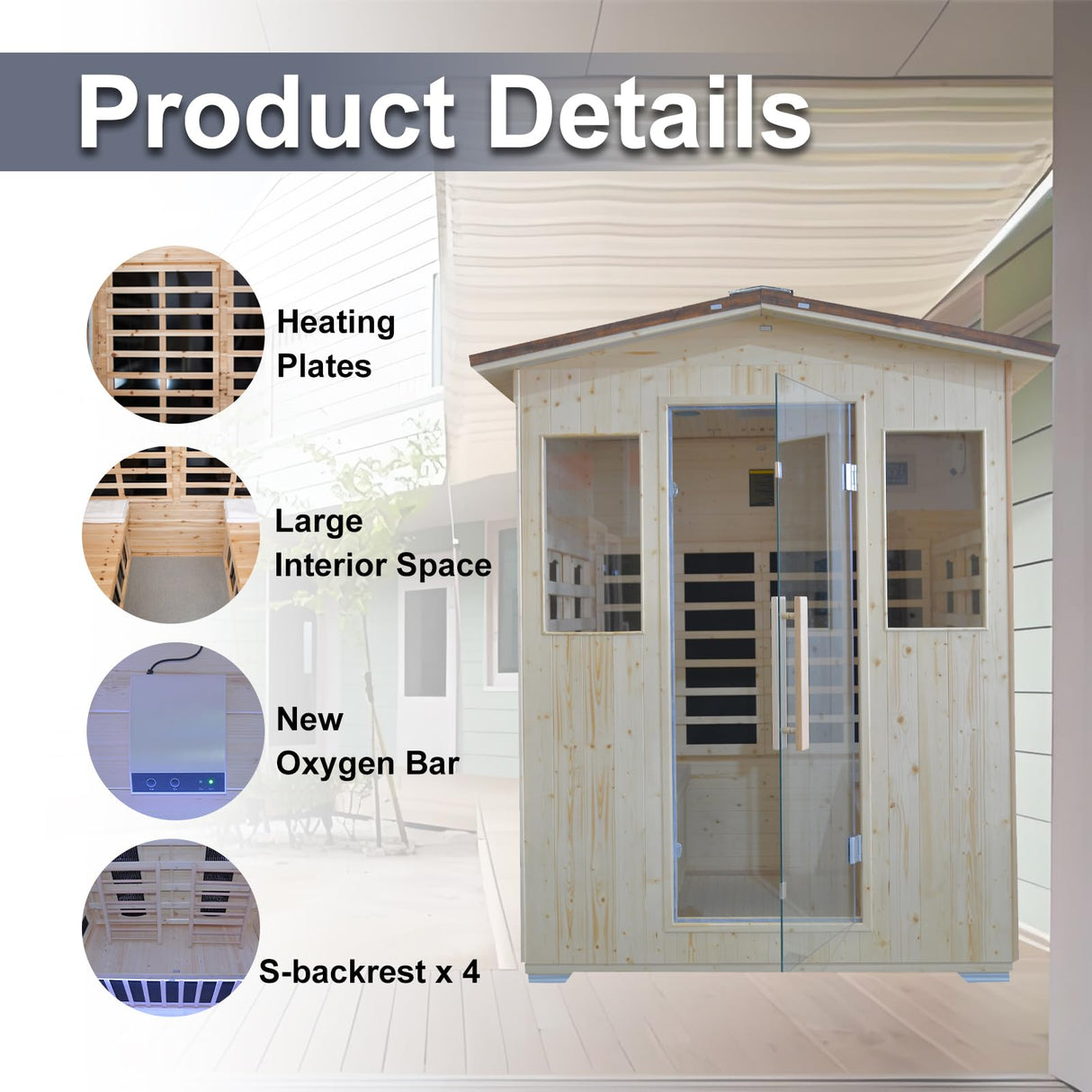 Outdoor Infrared Sauna 4 Person, Spruce Wooden Large Sauna 2600W 240V Heaters Panels With Lcd Display Control Multi Color Light Strip Bluetooth Speaker Oxygen Bar(59.06*47.24*81.89 inch Spruce) ZYKLZQ
