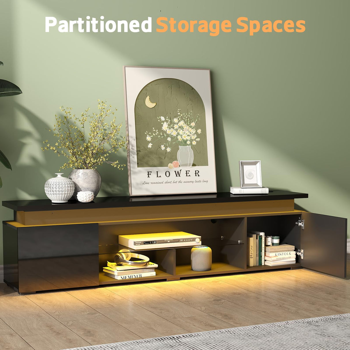 Lamtor TV-Stand with Power Outlet - TV Stand for up to 85 inch Televisions- Entertainment Center with Dynamic LED Lights & High Gloss, Modern TV Console with Storage Cabinets for Living Room, Black Lamtor