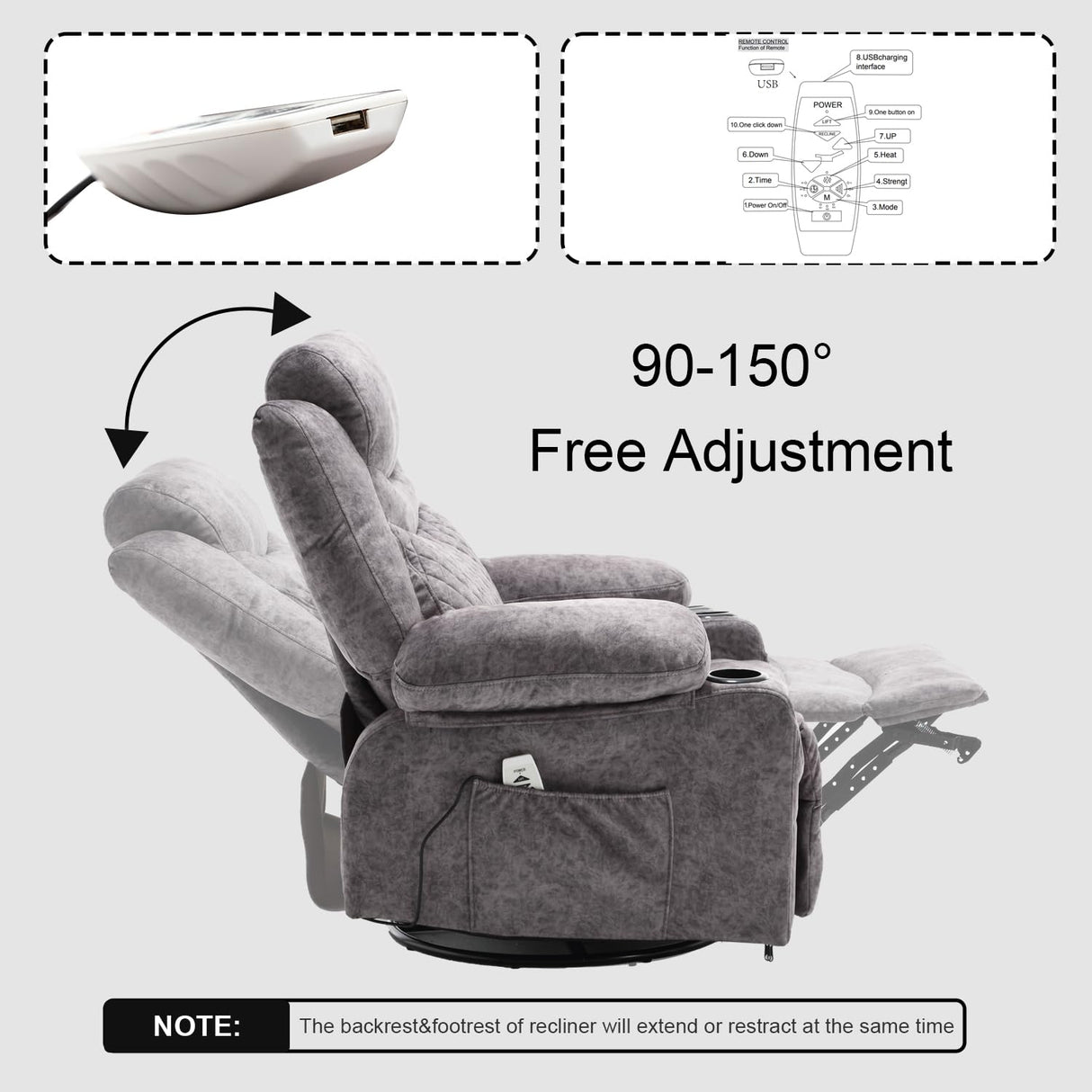 Comermax Power Swivel Rocker Recliner Chair with Massage and Heat, Wide Seat Overstuffed Reclining Chair with Cup Holders USB Port, Fabric Electric Rocking Recliner Glider Chair, Grey Comermax