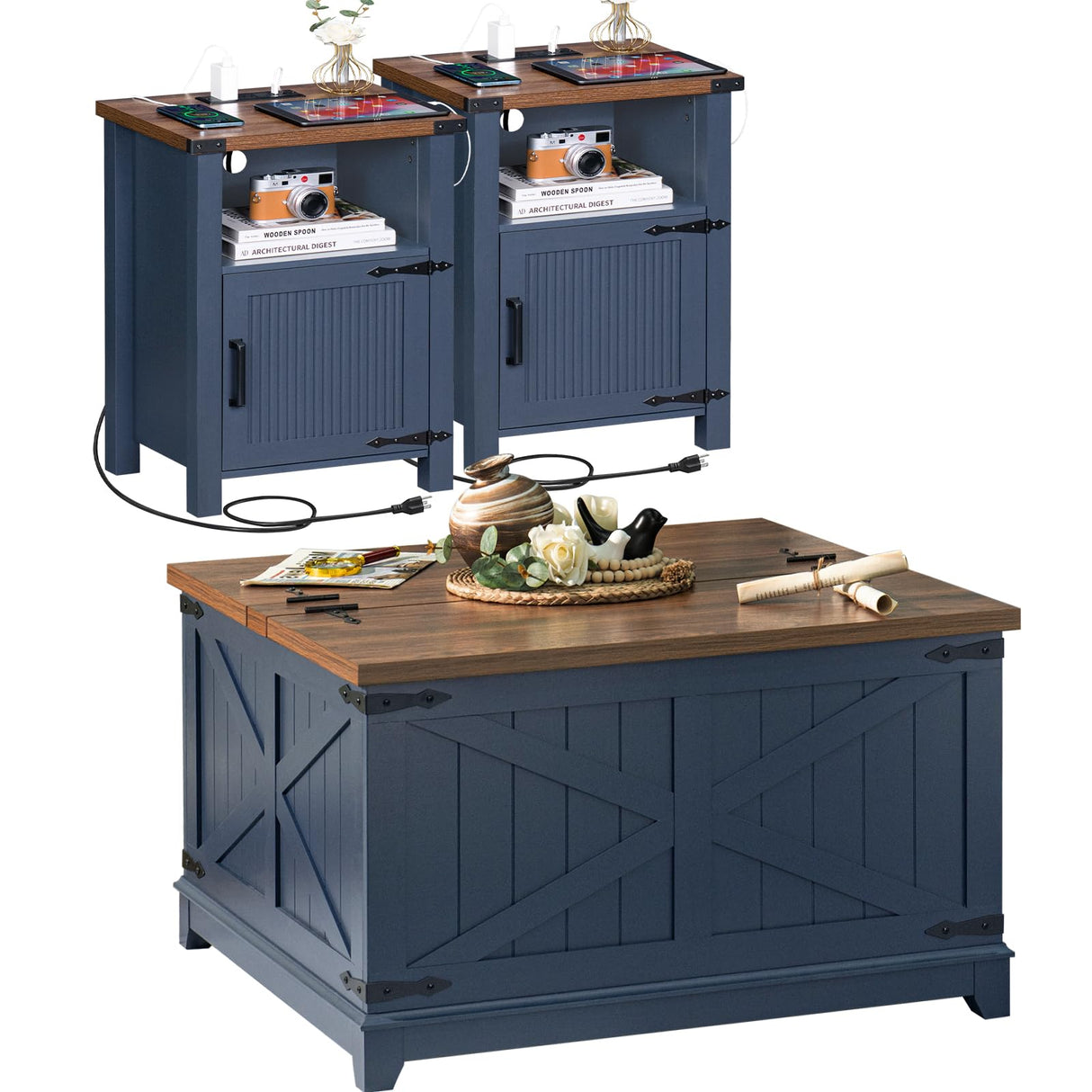 Joaxswe Night Stand Set of 2, 18 Inch Farmhouse Nightstand with with Charging Station and USB Port, Rustic Couch End Table with Magnetic Door, Wood Bed Side Tables for Bedroom, Home, Navy Blue Joaxswe