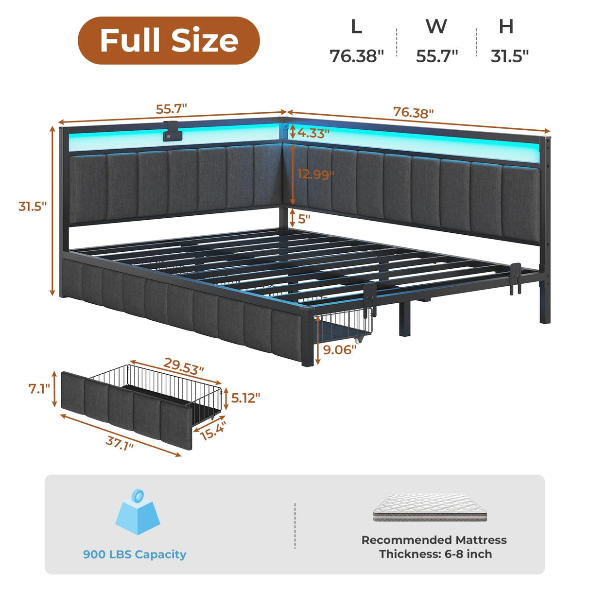 DICTAC Corner Full Bed Frame with 2 Storage Drawers and Charging Station Full Size Platform Bed Frame with Led Lights and Upholstered Guardrail Daybed for Living Room, Bedroom and Guest Room, Gray DICTAC