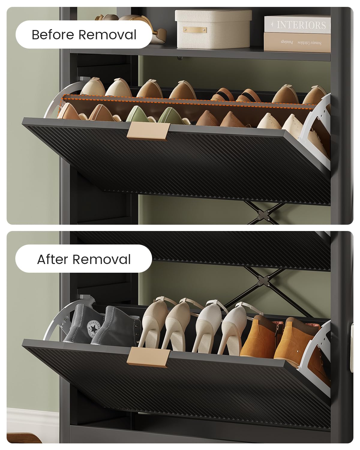 AOGLLATI Shoe Cabinet Storage,Narrow Fluted Shoe Rack Cabinet with 2 Flip Drawers, Wooden Freestanding Organizer with Open Storage Space for Entryway,Black AOGLLATI