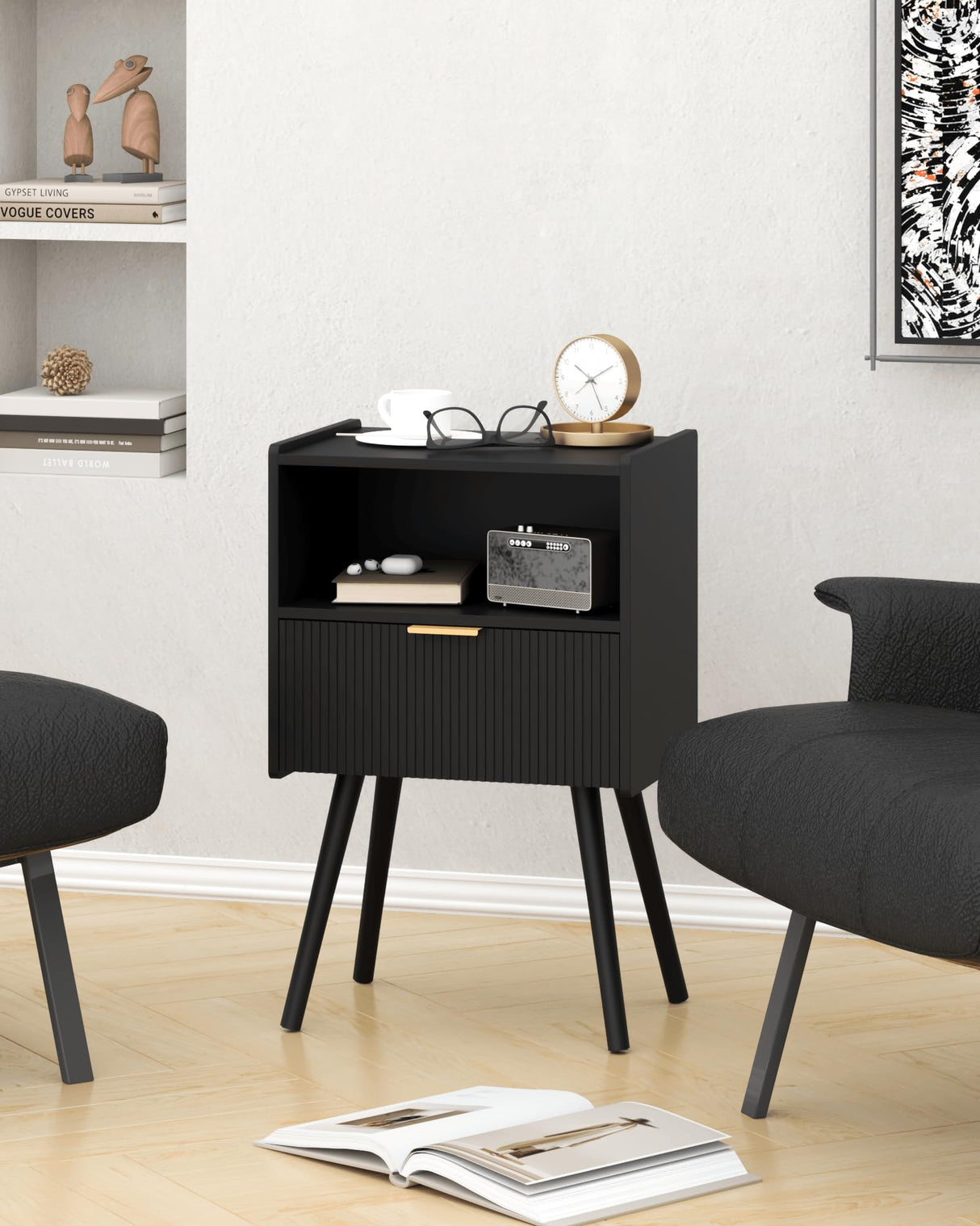 JOONEE Black Nightstand,Modern Bedside Table with Storage Drawer and Open Wood Shelf, for Living Room, Bedroom and Small Spaces, Accent Night Stand with Solid Wood Legs, Easy Assembly,Classic Black JOONEE