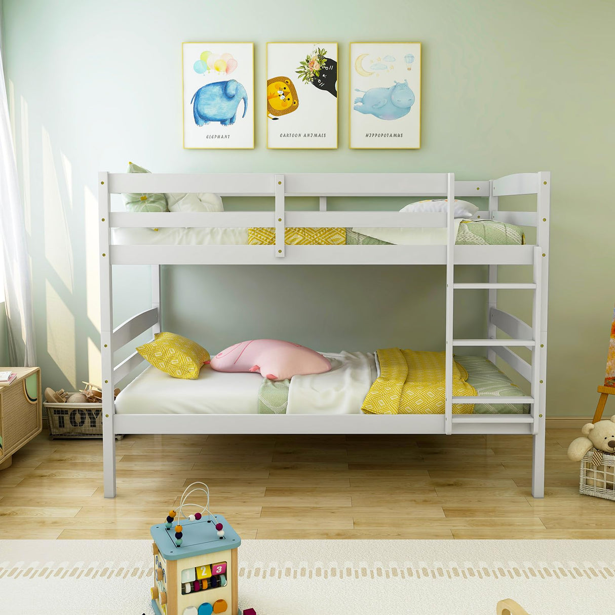 Giantex Bunk Bed Twin Over Twin, Solid Wood Detachable Bed Frame with High Guardrails & Integrated Ladder, Wooden Slatted Bunk Bed for Kids & Teens, No Box Spring Needed, White Giantex