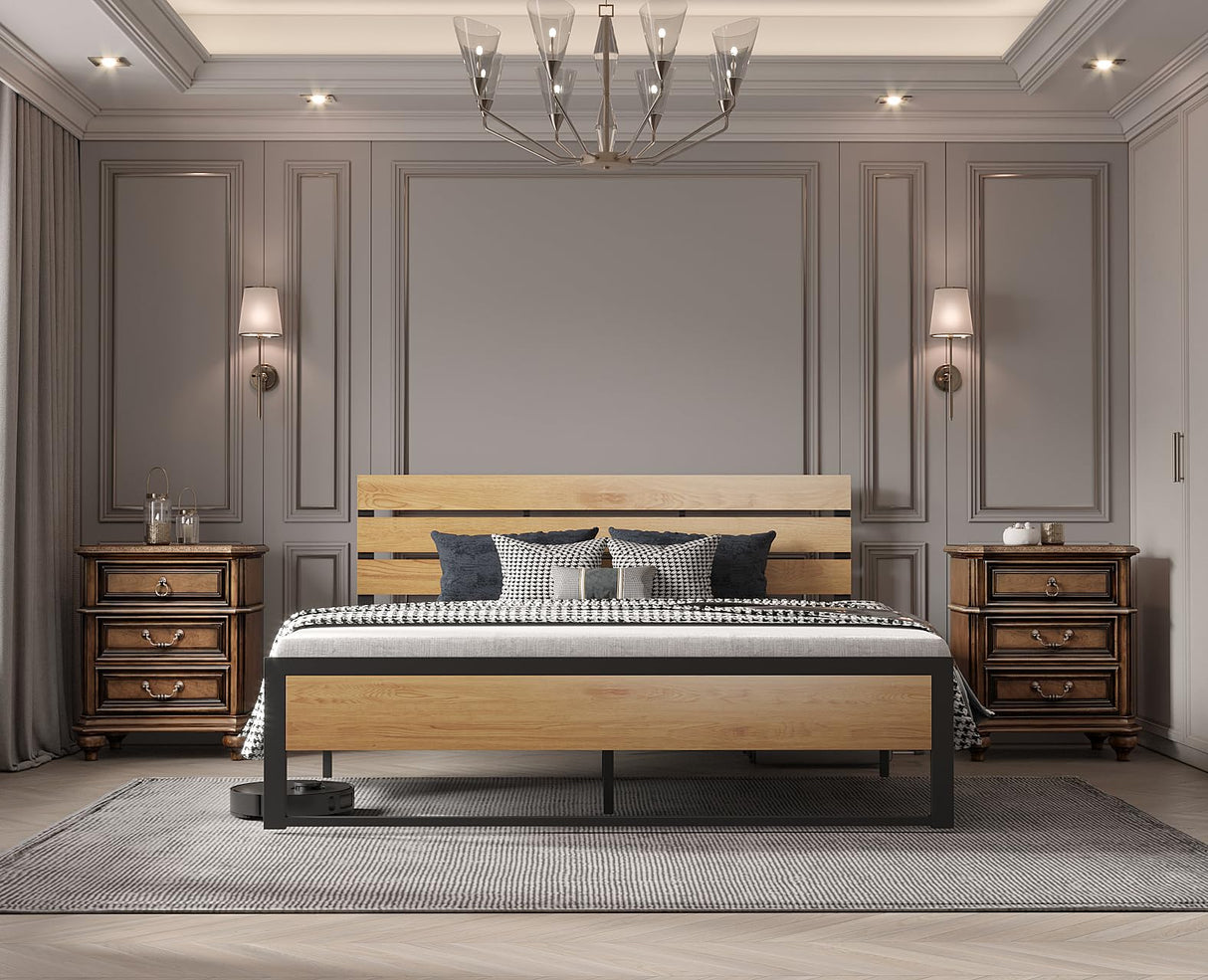BONSOIR King Size Steel Platform Bed Frame with Wood Headboard – Easy Assembly, No Box Spring Required, Squeak-Free Design BONSOIR