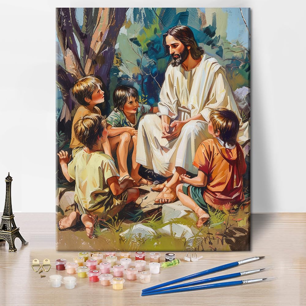 Jesus Paint by Number, Jesus Tells Stories Paint by Numbers, Adult Paint by Number Kits on Canvas Color by Number Painting by Numbers, DIY Oil Number Painting Canvas Arts for Adults, 16 x20 Inch TUMOVO