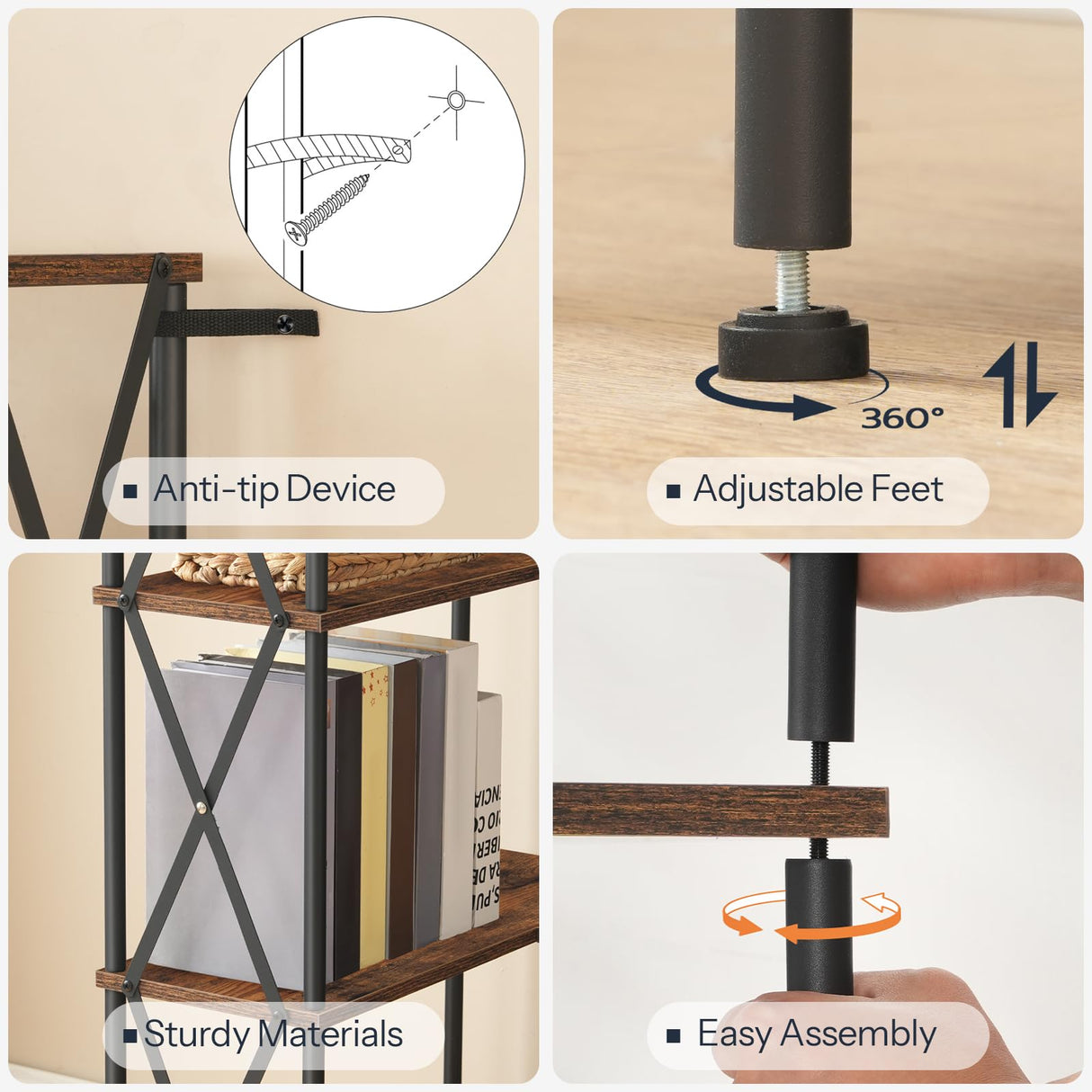 HOOBRO Corner Bookshelf, 5-Tier L-Shaped Bookcase, Industrial Open Display Shelf Tall Storage Organizer, Vertical Storage Rack, for Living Room, Home Office, Rustic Brown and Black BF60SJ01 HOOBRO