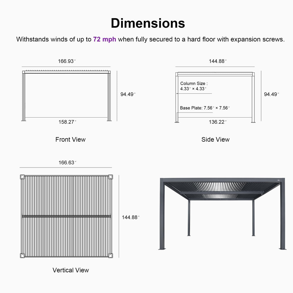 PURPLE LEAF Louvered Pergola 94AS 12' x 14' Outdoor Aluminum Pergola with Fixed Shutter Wall Adjustable Roof for Deck Backyard Grey Hardtop Gazebo, 1 Long Side PURPLE LEAF