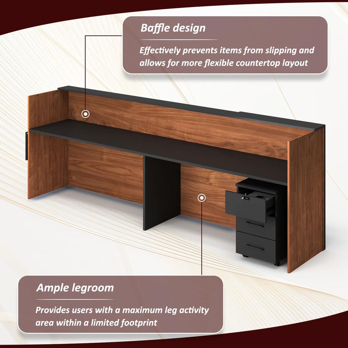 78" Modern Reception Desk with LED Lights & Mobile File Cabinet – Black Brown Office Front Desk Reception Counter with Drawers & Lock (Black & Brown, 78 * 24 * 43IN) YTElantivo