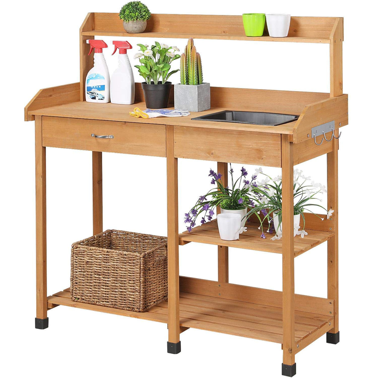 Yaheetech Potting Bench Outdoor Garden Work Bench Station Planting Solid Wood Construction for Horticulture w/Sink Drawer Rack Shelves Natural Wood Yaheetech