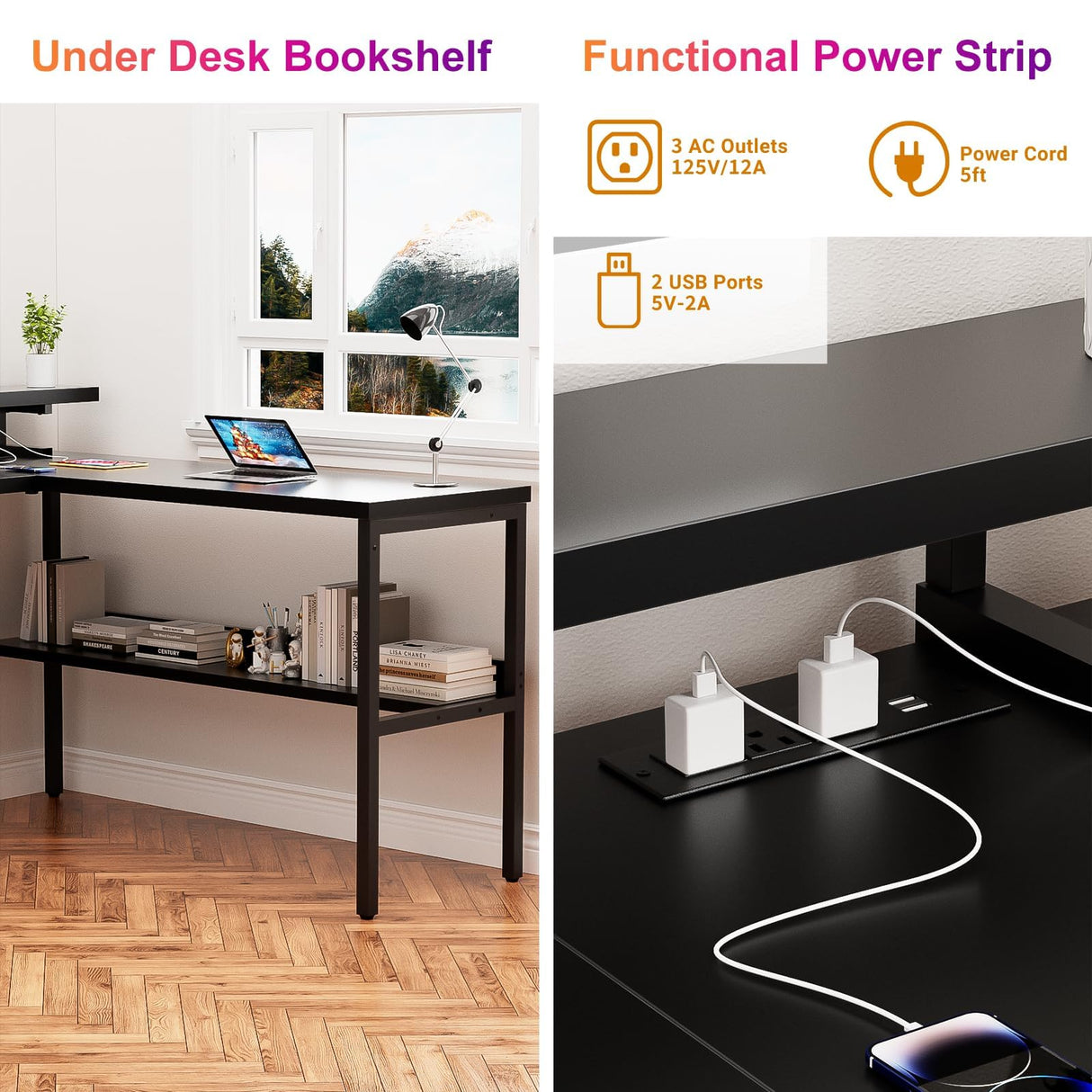 iSunirm U Shaped Computer Desk, Customizable L Shaped Office Desk with Adjustable Monitor Stand & Power Outlets & LED Strip Lights, Large Reversible Gaming Desk with Storage Shelves, Black iSunirm